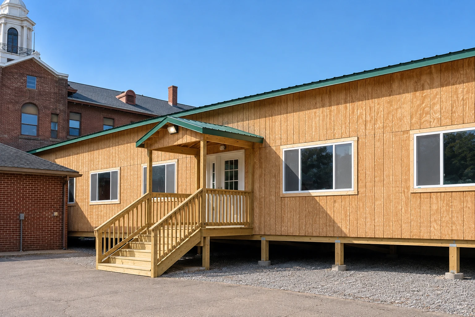 New wood-sided camp building with a covered entry beside an older brick building