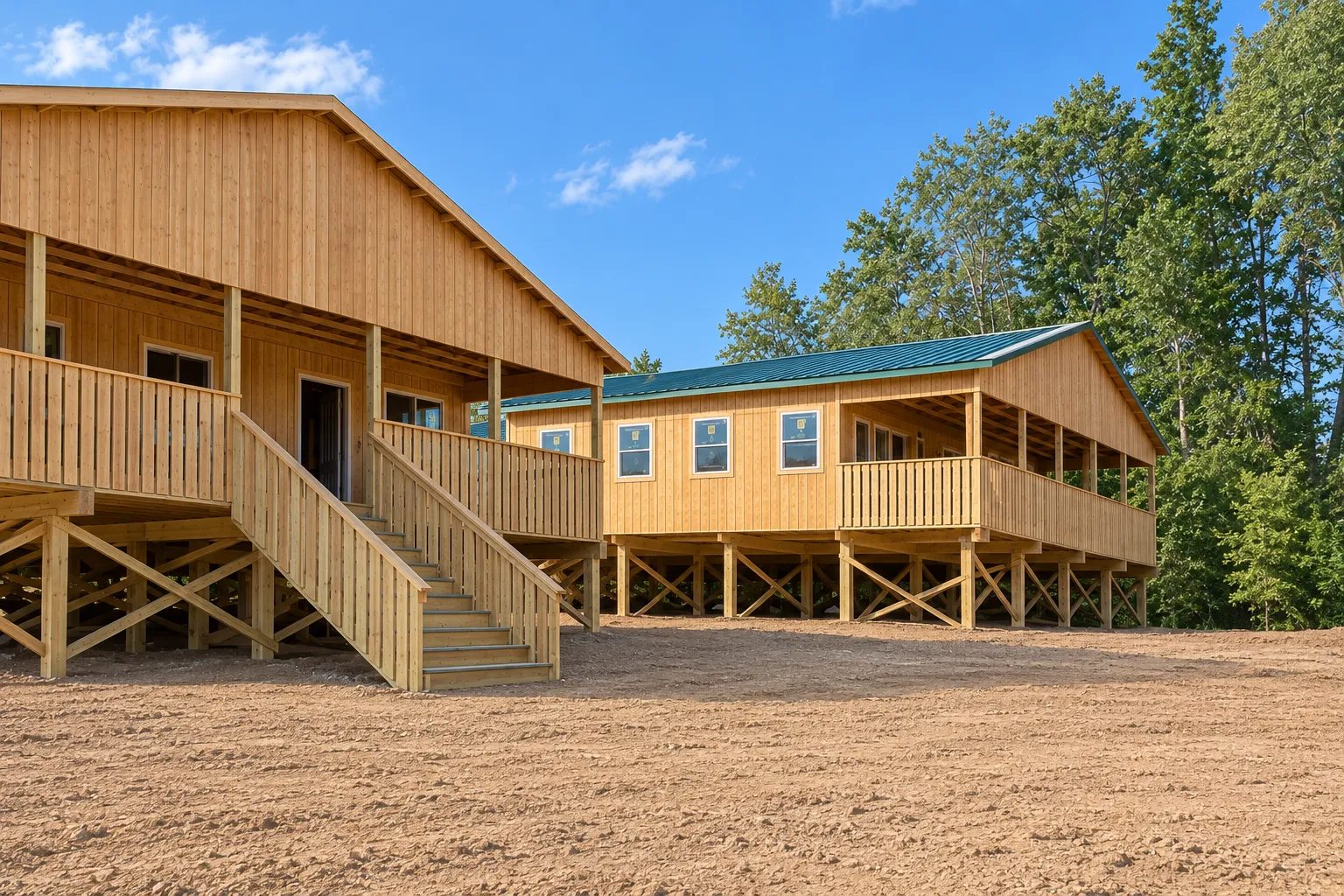 Two newly built camp bunkhouses with covered porches and green metal roofs