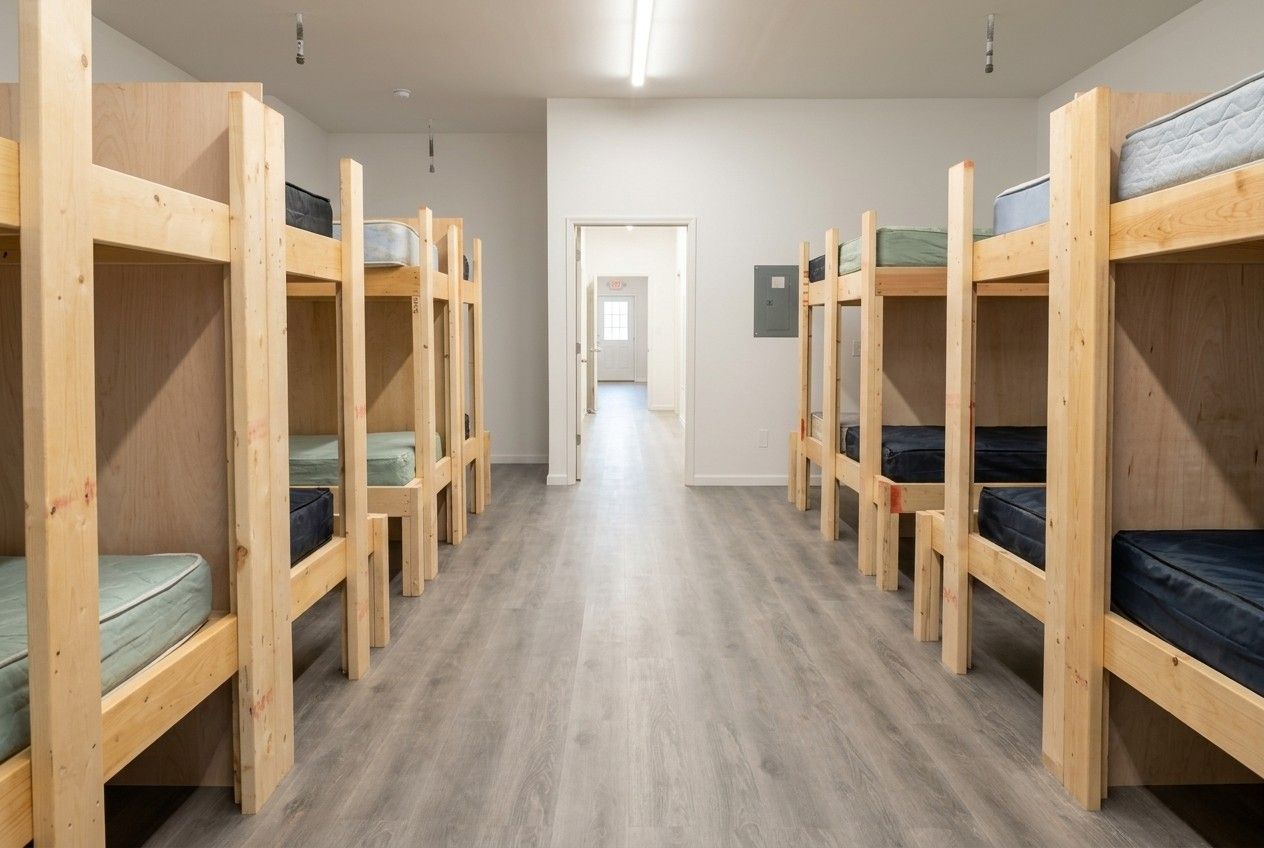 Camp bunkroom with rows of wooden bunk beds and a vinyl plank floor