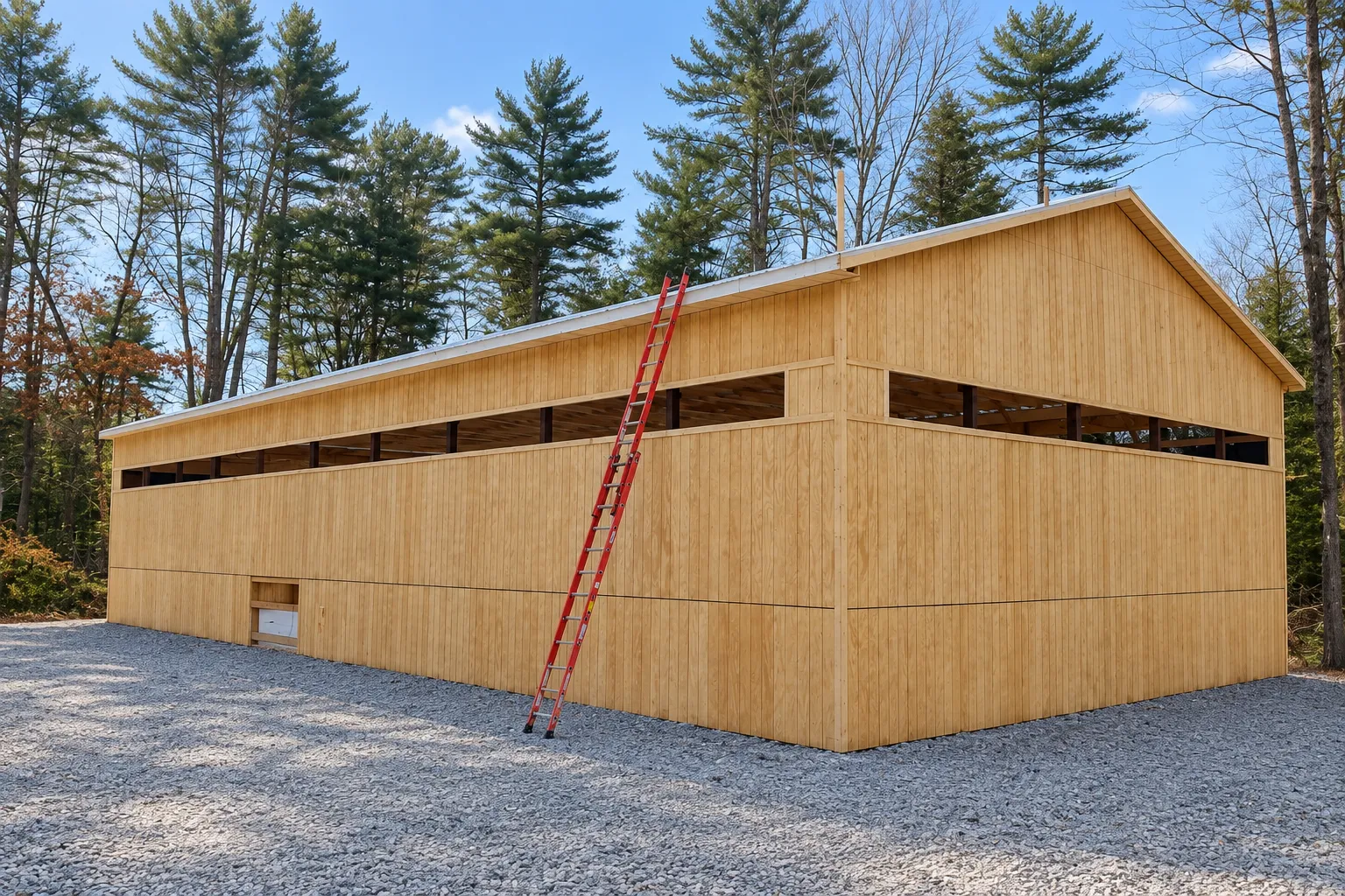 New wood-sided camp gym building under construction on a gravel pad